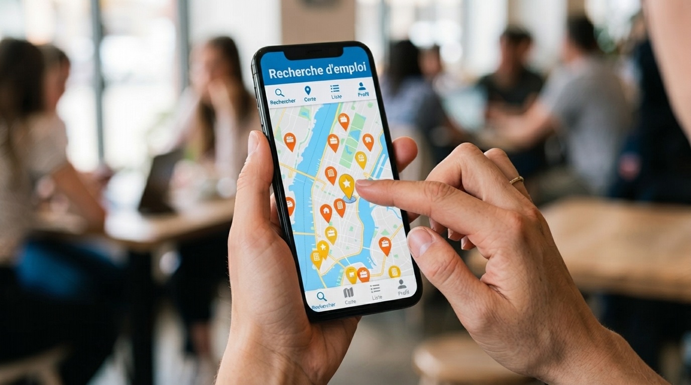 Gros plan sur un smartphone tenu en main affichant une carte interactive avec des marqueurs de localisation d'offres d'emploi