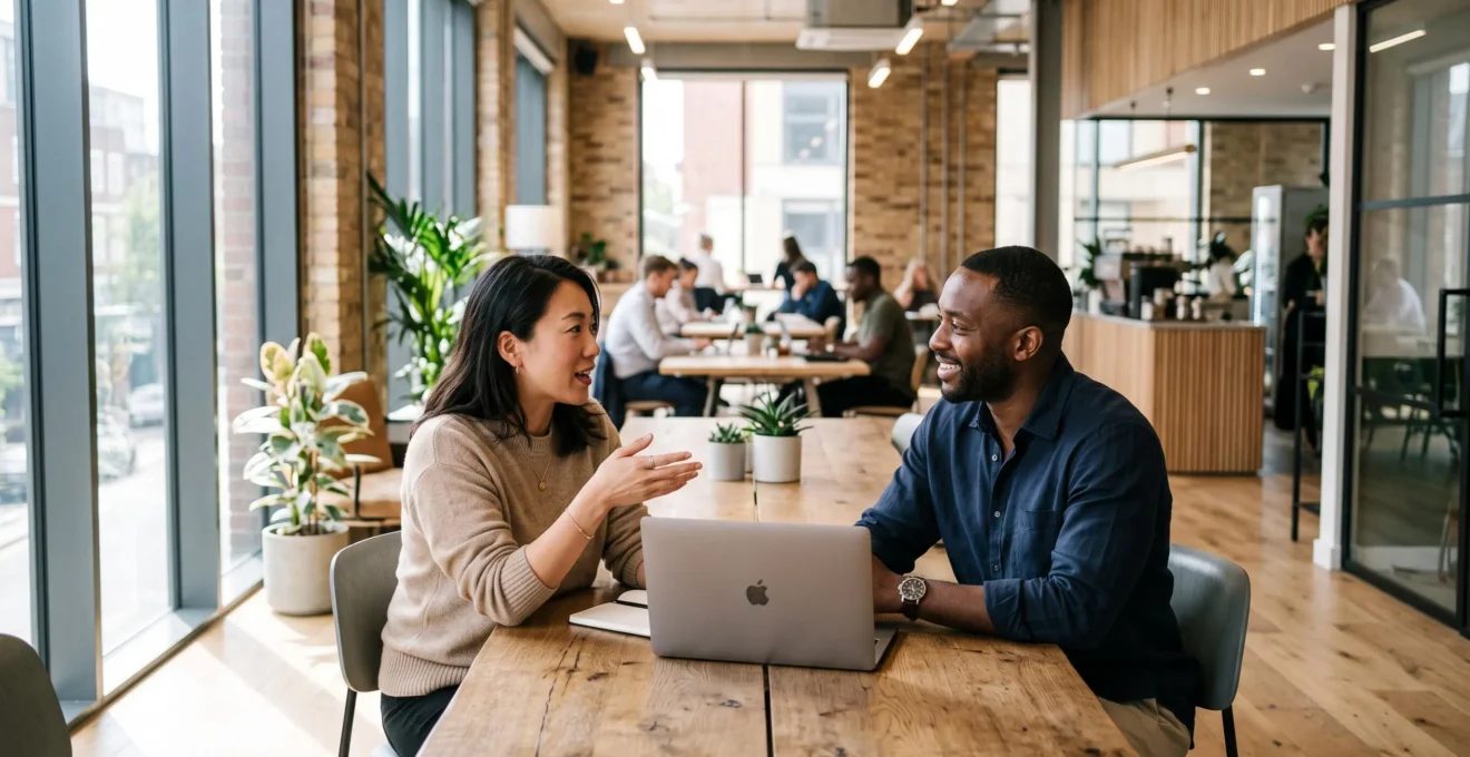 Deux professionnels en conversation dans un espace de coworking moderne et lumineux, ordinateur portable sur la table partagée