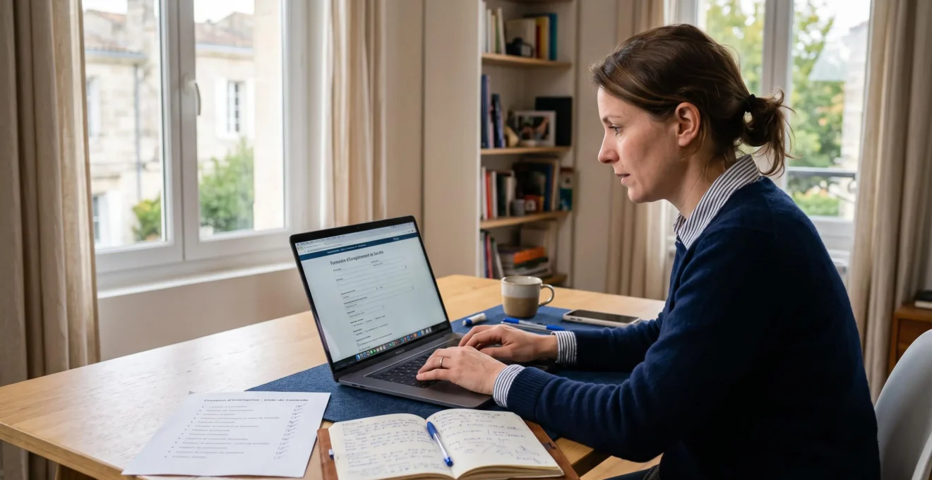 Un entrepreneur complète un formulaire d'immatriculation en ligne sur un ordinateur portable dans un bureau à domicile.