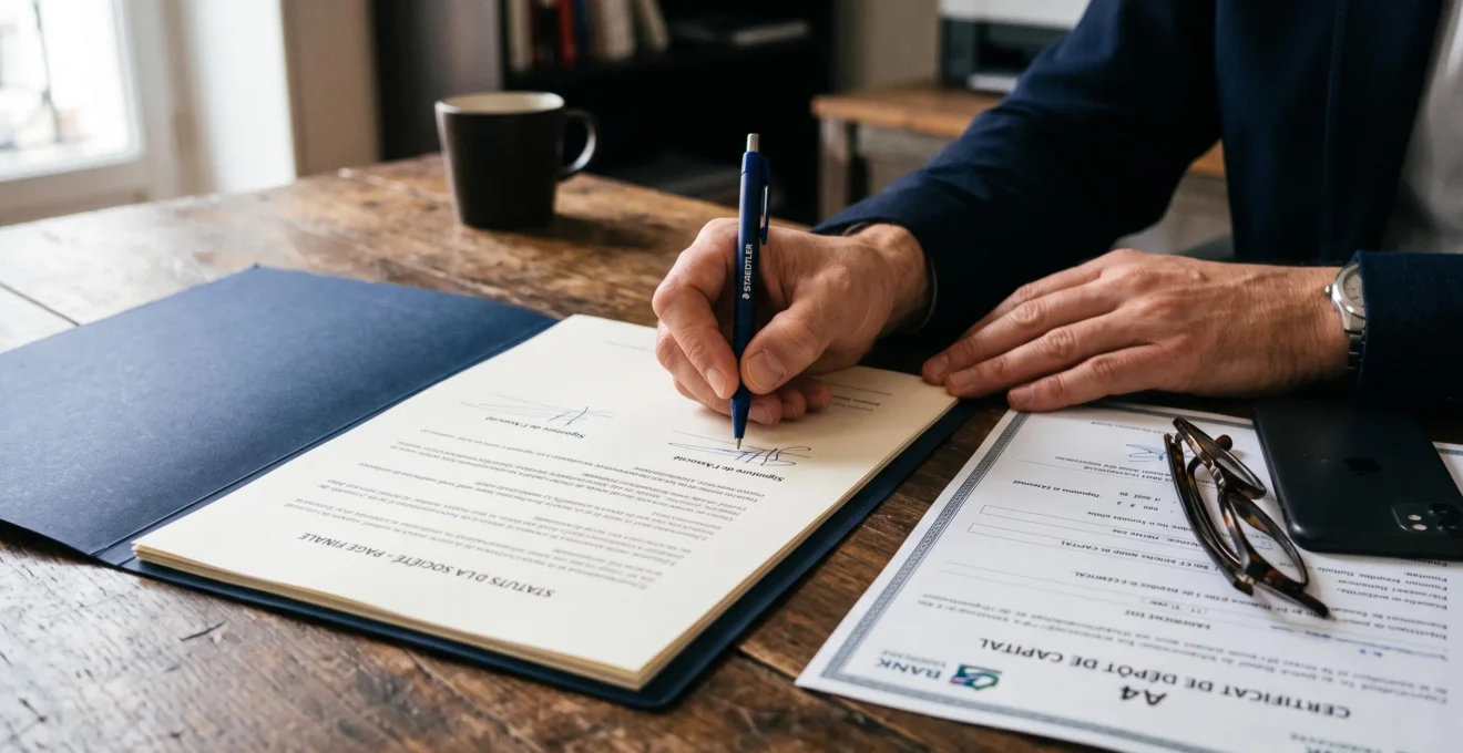 Gros plan sur les mains d'un entrepreneur signant un document de statuts de société posé sur un bureau en bois.